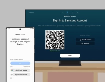 A Samsung Account QR code on a Samsung Smart TV, next to the Samsung Account login screen on a Galaxy phone