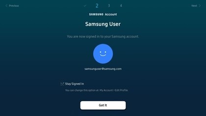 A Samsung Smart TV is displaying the Samsung Account’s Samsung User screen