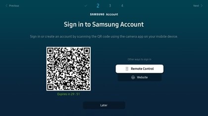 Different options to sign in to a Samsung Account are displayed on a Samsung Smart TV