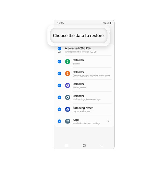 A screenshot of Choose the data to restore.