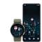 A GUI screen showing a Galaxy Watch and a Galaxy phone with similar themes.