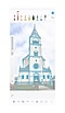 A church image is outlined in blue within the editing interface of the PENUP app. The editing process involves modifications layered atop the church image. A floating menu showcasing a variety of pen options in different colors is displayed on the top of the screen.