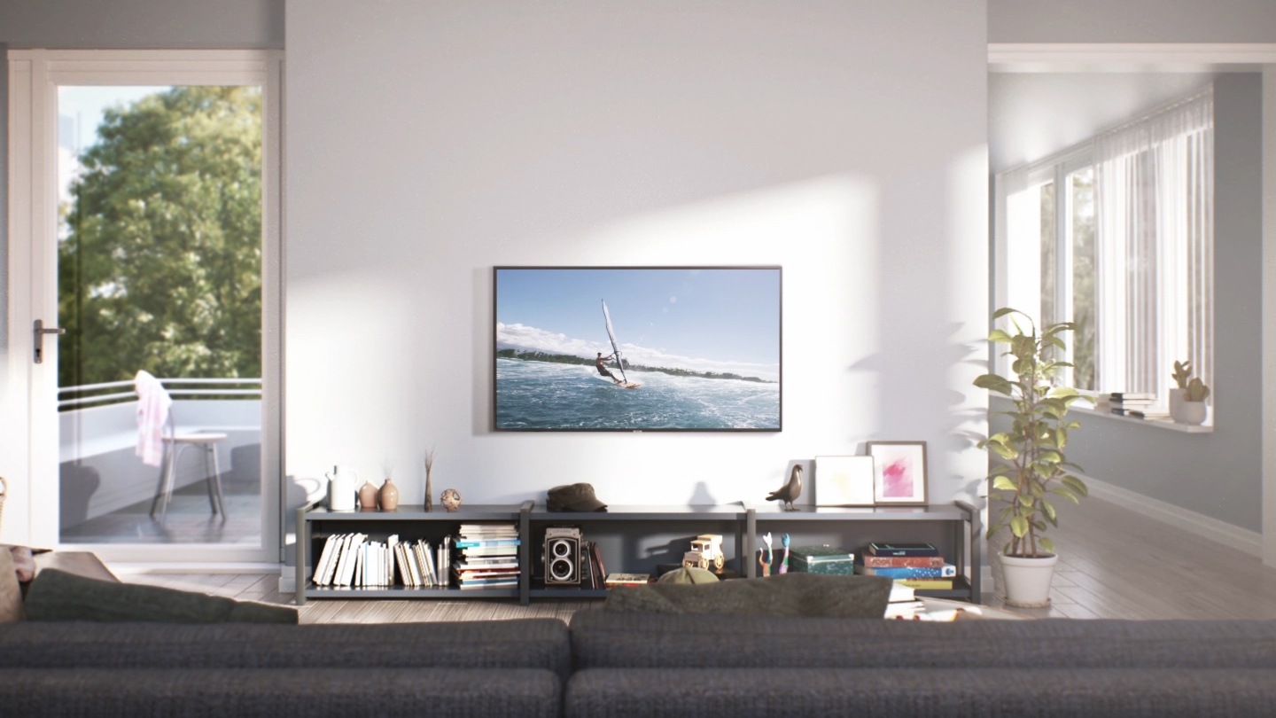 A thumbnail image of a Super Big TV size simulator video - A cozy living room with a 43 inch TV.