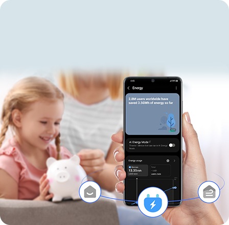 A close-up of a phone held in the hand is a SmartThings app and the electrical icon at the bottom indicates that the AI Energy mode is activated. The app provides information on the total energy saved by users worldwide. In the background, a girl holds a piggy bank.