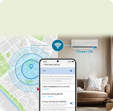 The SmartThings mobile app opens with the air conditioner’s Welcome Cooling feature and Energy-saving notifications activated. On the left, a map illustrates the user’s proximity to home. A Wi-Fi icon links the map and the Samsung air conditioner in a living room, with the text Power ON indicating automatic activation when the user is within a certain distance from home.