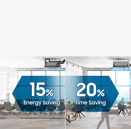 Two meeting rooms are equipped with cassette air conditioners. The air conditioner at left blows a gentle stream of air with a 15% energy-saving arrow, and the air conditioner at right blows cool air with a 20% time-saving arrow.