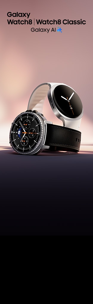 Galaxy Watch8 Classic with a black Hybrid Band is resting on the side. Galaxy Watch8 with a white Sport Band is placed upright, slightly behind Galaxy Watch8 Classic. The text Galaxy Watch8 Galaxy Watch8 Classic Galaxy AI and its icon.