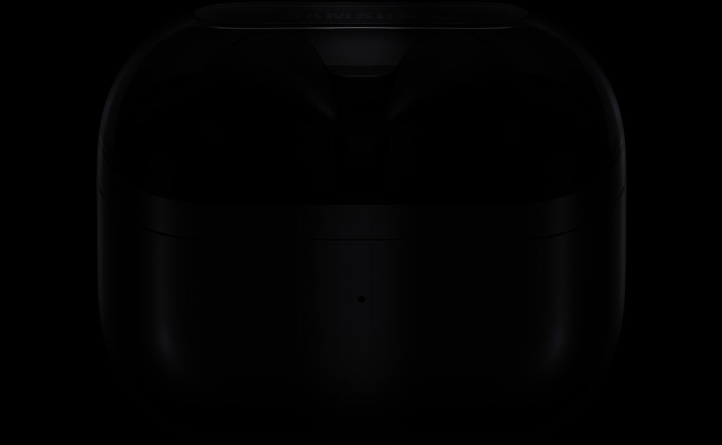 A pair of silver colored Galaxy Buds3 Pro earbuds are in a closed case with a green light blinking in the center.