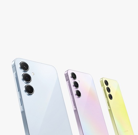 Three Galaxy A series are placed next to each other with the rear facing front, on the left a Galaxy A series in Awesome Iceblue, a Galaxy A series in Awesome Lilac, and a Galaxy A series in Lemon.