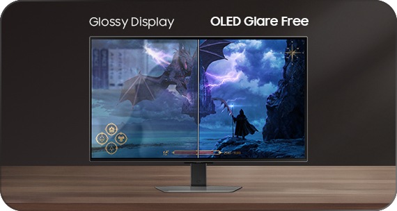 Monitor on top of the table. Reflections can be seen on gaming scene with Glossy Display. OLED Glare Free shows clear image.