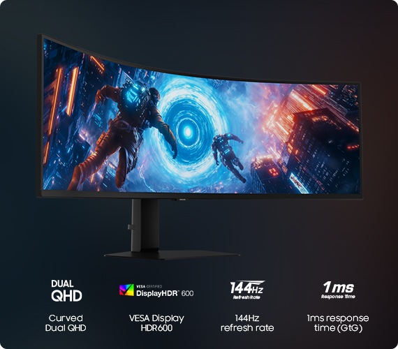 Odyssey G9 monitor shows two astronauts flying towards the neon blue portal with Curved Dual QHD, VESA DisplayHDR600, 144Hz refresh rate, 1ms response time (GtG) icons.