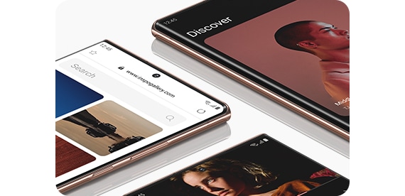 Three Galaxy Note20 Ultra phones in Mystic Bronze, all laying faceup with a variety of apps onscreen to show the vivid colours and bright screen.