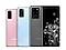 Back views of a Cloud Pink Galaxy S20, a Cloud Blue Galaxy S20+ and a Cosmic Grey Galaxy S20 Ultra overlapping each other, the products are shown from side to side with the S20 on the bottom left