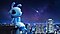 A whimsical looking blue alien sitting on the edge of a tall building rooftop at night, puckering its lips as if to whistle. In the background, we see Samsung Digital City and a brightly lit city behind it. A shooting star is falling in a sky full of stars.