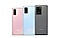 Back views of a Cloud Pink Galaxy S20, a Cloud Blue Galaxy 20+ and a Cosmic Grey Galaxy S20 Ultra 5G overlapping each other, the products are shown from side to side with the S20 on the bottom left