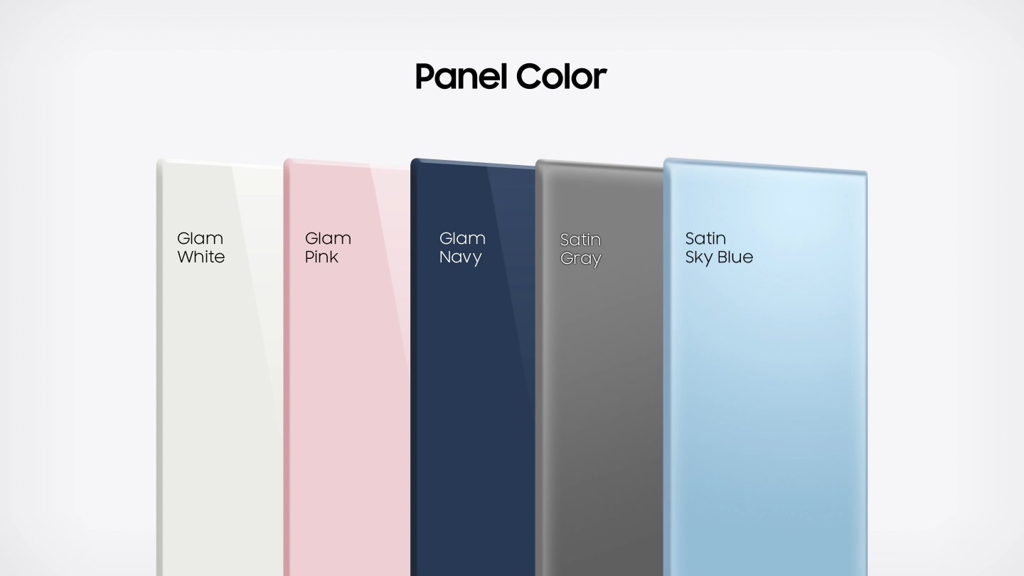 The five panel colors are introduced, including Glam White, Glam Pink, Glam Navy, Satin Gray, Satin Sky Blue.