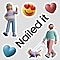 At the center, a tilted sticker-like text reading “Nailed it” is seen, surrounded by two characters and three icons arranged as stickers decorating the scene. At the top left is a lively young male character making a V-sign with one hand, next to a yellow face emoji with heart eyes. At the top right is a pink 3D heart icon, and at the lower left is a blue 3D heart icon. At the lower right is a stylish male character walking a small dog.