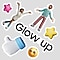 Centered slightly below is a sticker-like text reading “Glow up,” surrounded by decorative characters and icons. At the top left of the text, a stylish female character raises both arms, with a small pink 3D star icon to her left. At the top right of the text, a stylish male character spreads his arms, with a yellow 3D star icon placed below his right side. Beneath the text are a 3D thumbs-up hand with a blue sleeve and a yellow face emoji with a satisfied expression.