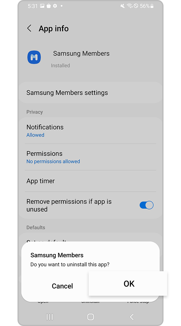 Tap OK to delete app