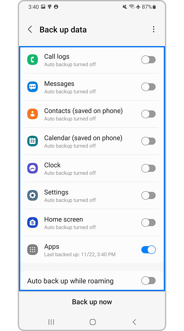 Select type of data to upload to Samsung Cloud