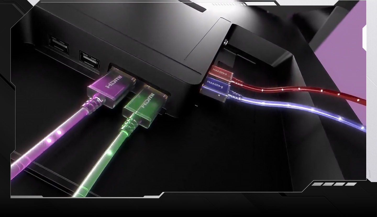 A Samsung Gaming TV rotates to show its back, where the HDMI 2.1 ports are located. Four HDMI cables are plugged in. Each surges with power in a different color, including red, blue, green and pink. Rotating shots of the connected devices, such as consoles and controllers.
