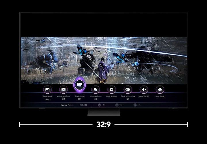 Through Super UltraWide GameView, a Samsung Gaming TV changes the screen ratio to 21:9 and then 32:9 in order to see more of the game.