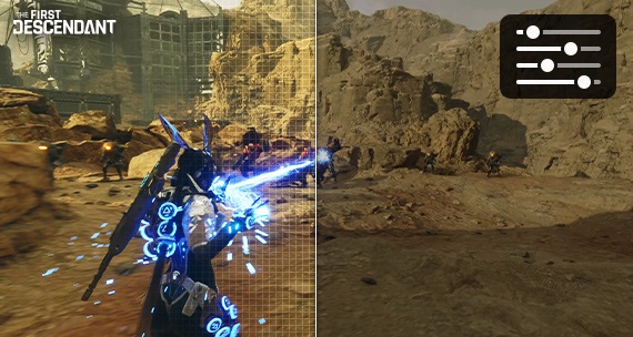 Un jeu est détecté comme « RPG action » par Samsung OLED, et les paramètres sont automatiquement optimisés pour une qualité d’image plus nette. Logo « The First Descendant » sur le dessus. Un autre jeu est détecté comme « Combat », puis optimisé pour obtenir une qualité d’image plus nette. Logo « DNF Duel. Who’s Next? » sur le dessus.