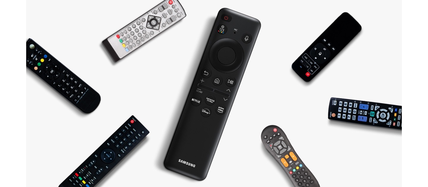 Many different remote controls are scattered against a white background. The remotes start shaking and then converge into the SolarCell Remote.