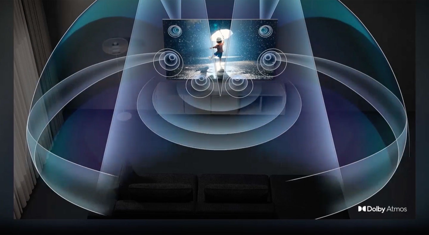 A QLED TV is showing a child playing in the rain. Surround sound emitted from Dolby Atmos' top channel speakers is filling the room.