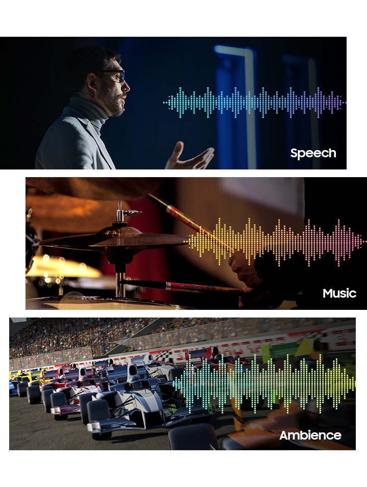 A person is speaking with a colorful sound wave illustration beside, labeled "Speech" in the bottom right corner. In another scene, a close-up of a drum set is displayed, accompanied by vibrant, illustrated sound waves that are larger than the speech sound waves, labeled "Music" in the bottom right corner. Lastly, a car race is shown, producing the largest, colorful sound waves of all, with the label "Ambience" in the bottom right corner.