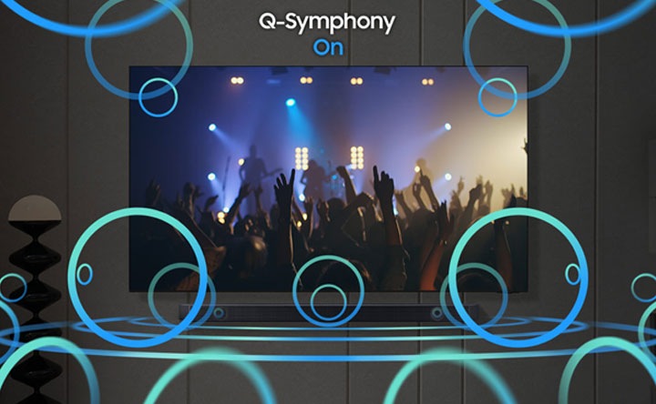 As the Q-Symphony function is turned on, sound waves ripple outward from both the TV and the soundbar.