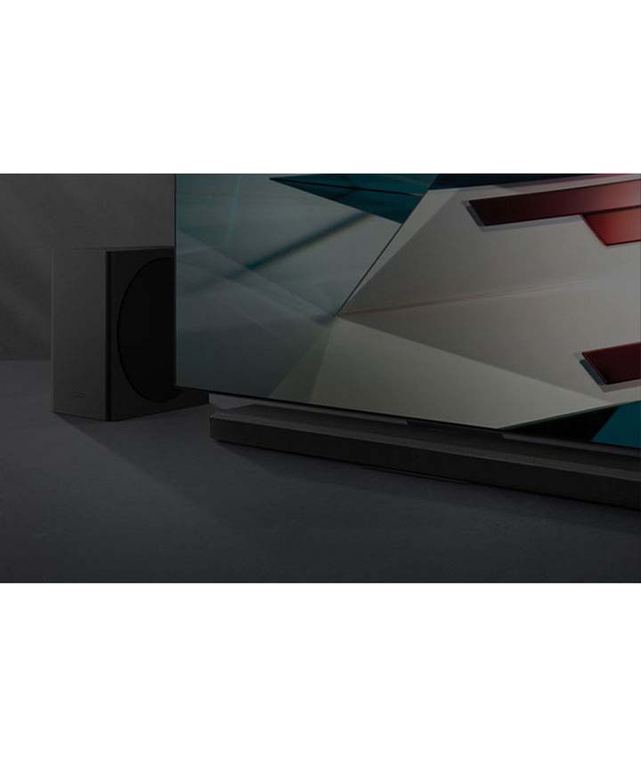 A Q-series Soundbar, elegantly mounted on a TV, is partly shown.