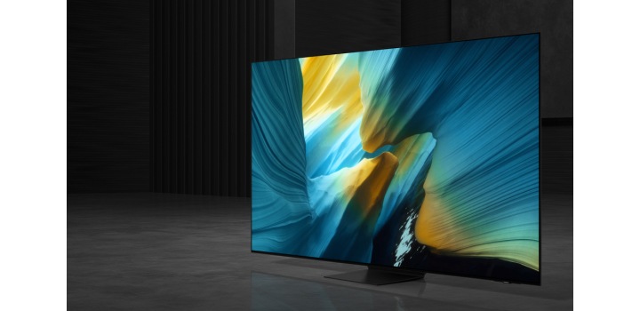 Samsung OLED TV with a blue and yellow abstract picture on a screen