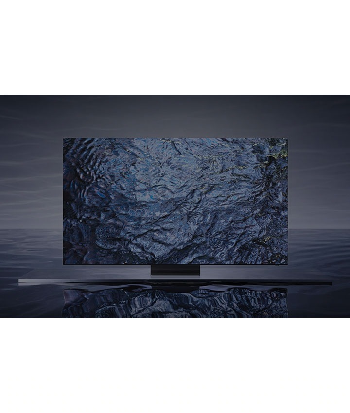 The latest Samsung Neo QLED TV is floating on top of a water-like surface.