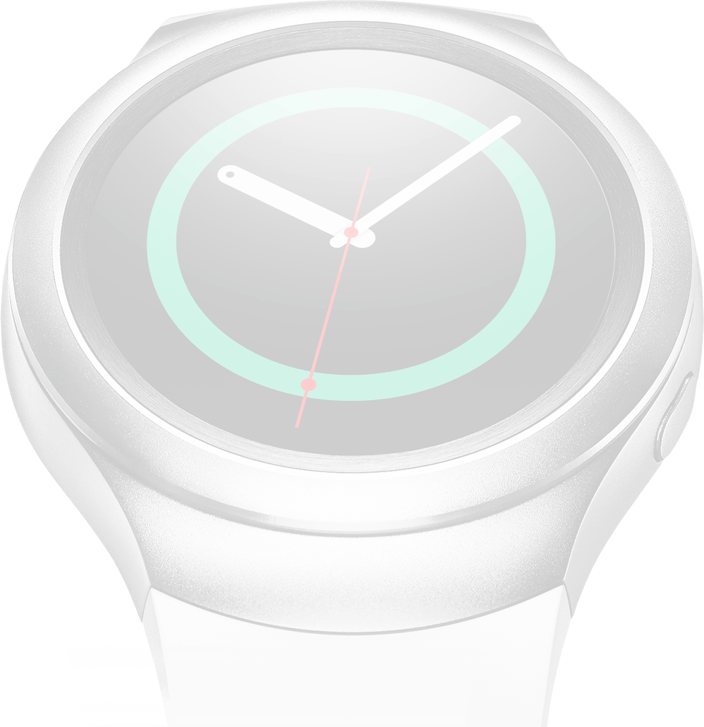 Dimmed image of silver Gear S2 on right