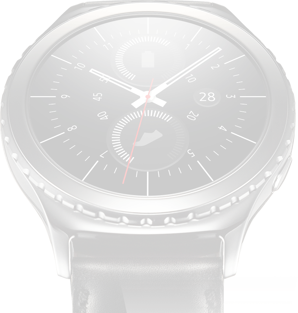 Dimmed image of blue black Gear S2 classic on left