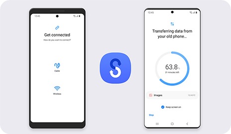 جهاز Galaxy قديم إلى جوار جهاز Galaxy آخر لتنفيذ وظيفة Smart Switch. تظهر بين الجهازين أيقونة Smart Switch. يظهر على الجهاز القديم رمز يوضح أنه متصل، بينما تظهر على الجهاز الجديد عبارة "جارٍ نقل البيانات من هاتفك القديم"، مع نسبة تقدُّم تبلغ 63.8%.