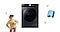 Bespoke Washer is centered, surrounded by a large 3D icon of a white thumbs-up hand with a blue sleeve and small light blue circular icons arranged decoratively. On the left side is the upper body of a young male character in a playful pose with one leg lifted.