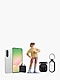 The Bespoke AI Laundry and Bespoke AI Laundry Dryer are installed side by side as a set, and to their right, a young male character is standing while holding a laundry basket full of clothes. To the left, on top of the installed appliances, a small dog is looking at the laundry basket the male character is holding.