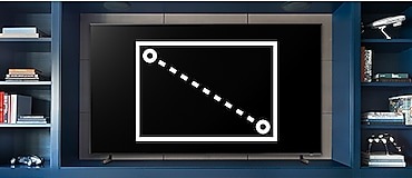 يتراكب المخطط المعلوماتي المرسوم بالخطوط الذي يمثل مقاس شاشة التلفزيون أعلى شاشة تلفزيون فارغة. يستقر التلفزيون ذو الشاشة الكبيرة الفارغة بين خزانتي غرفة المعيشة.