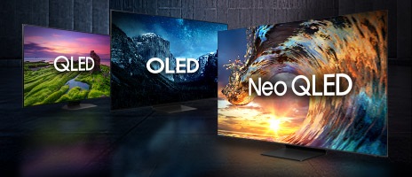 تظهر أجهزة التلفزيون QLED، وOLED، وNeo QLED، بحيث يميل تلفزيون QLED وOLED بزاوية إلى اليمين قليلاً، ويتجه جهاز Neo QLED نحو الجهة اليسرى بشكل متقن. يعرض تلفزيون QLED منظراً بانورامياً لحديقة وارفة الظلال ويظهر غروب الشمس بلون أرجواني مائل إلى اللون الزهري. ويعرض تلفزيون OLED مشهداً رائعاً لأحد الجبال ليلاً، وقد تشبع المشهد بدرجات اللون الأزرق العميق. يعرض تلفزيون Neo QLED لقطة مقرّبة مدهشة لموجة عند الغروب، ويوضح الجهاز كل تفصيلة بوضوح بالغ.