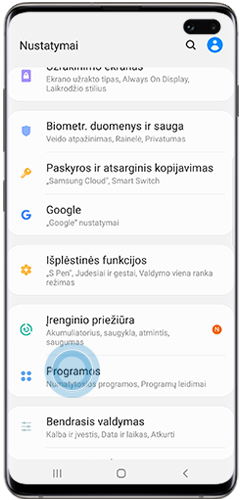 Įrenginio nustatymuose palieskite „Programos“