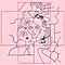 A black-and-pink sketch of a woman's face. She has long, curvy hair decorated with flowers. Her eyelashes are extensive and she has freckles on her cheeks. Her one hand is holding small figures holding one another's hand. The background is filled with rain, sun and rainbow.