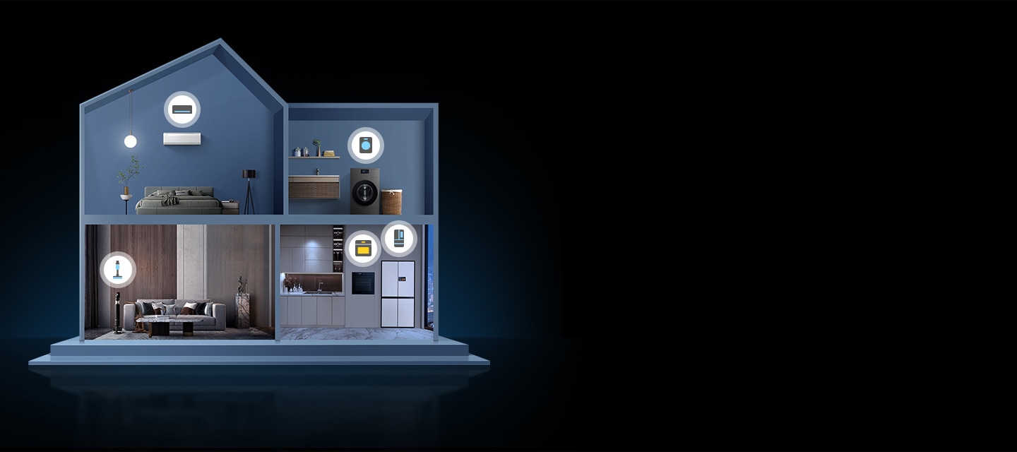 Pavaizduotas 2 aukštų namo pjūvis su „Bixby AI“ įrenginiais. Pirmame aukšte yra svetainė su „Jet Bot“ dulkių siurbliu, ir virtuvė su įmontuota orkaite bei šaldytuvu. Antrame aukšte matomas miegamasis su sieniniu oro kondicionieriumi ir skalbimo mašina. Įrenginius jungia grandinės tipo linijos.