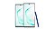 Vienas kitą dengiančių stovinčių „Samsung Galaxy Note10“ ir „Galaxy Note10+“ bei ant šono gulinčio „S Pen“ nuotrauka iš priekio