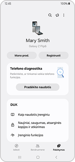 Telefono diagnostikos ir DUK parinktys.