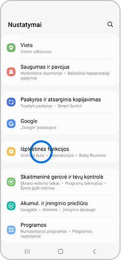 Nustatymų meniu palieskite „Išplėstinės funkcijos“.