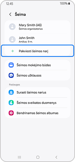 Pakviesti šeimos narį ekrane, pažymėtame „Šeima“