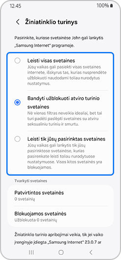 Interneto turinio ekranas su pažymėta „Bandykite blokuoti nepageidaujamas svetaines“.