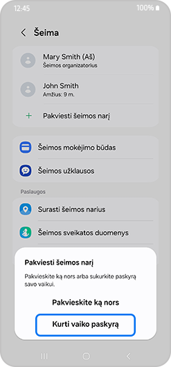 Iškylantis pranešimas apie pakvietimą šeimos narį su pažymėta „Sukurti paskyrą“.